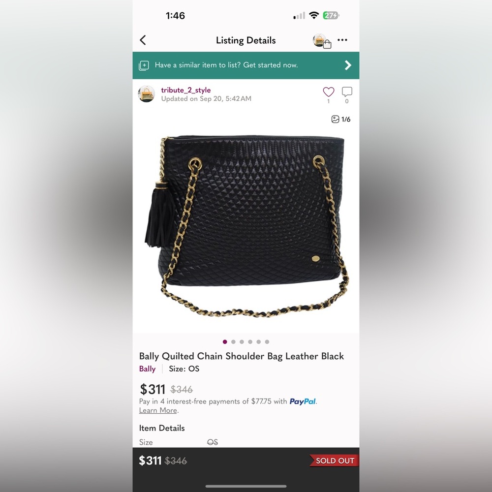 Bally Vintage Black Quilted Gold Tone Hardware Chain Straps Leather Shoulder Bag - Picture 12 of 15